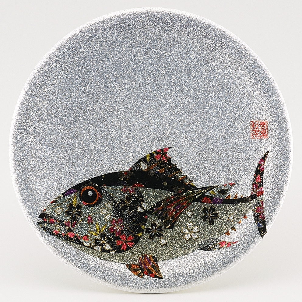 回転寿司皿 耐熱φ150 シルバーパール千代紙 マグロ