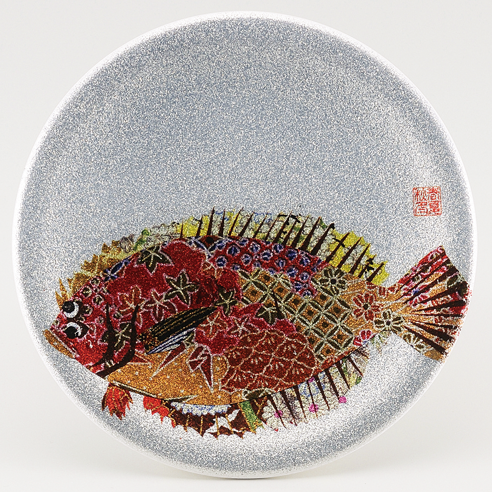 回転寿司皿 耐熱φ150 シルバーパール千代紙 ヒラメ