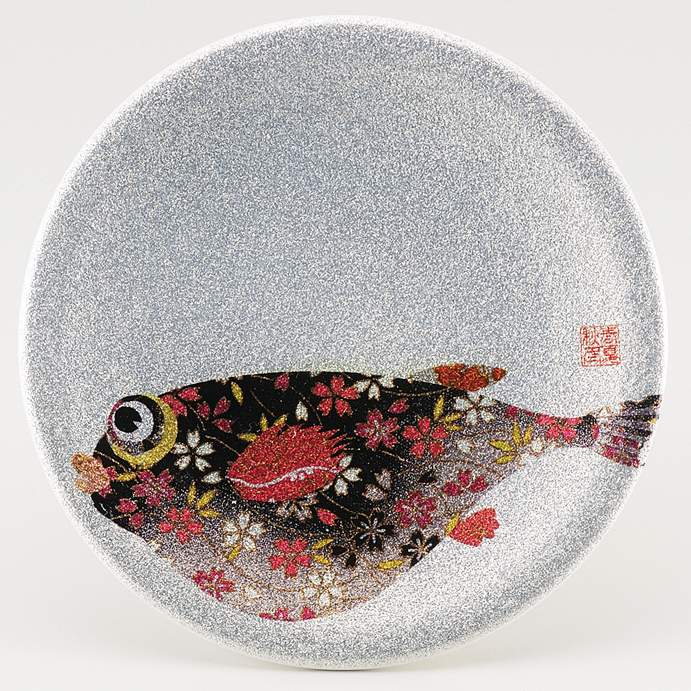 回転寿司皿 耐熱φ150 シルバーパール千代紙 フグ