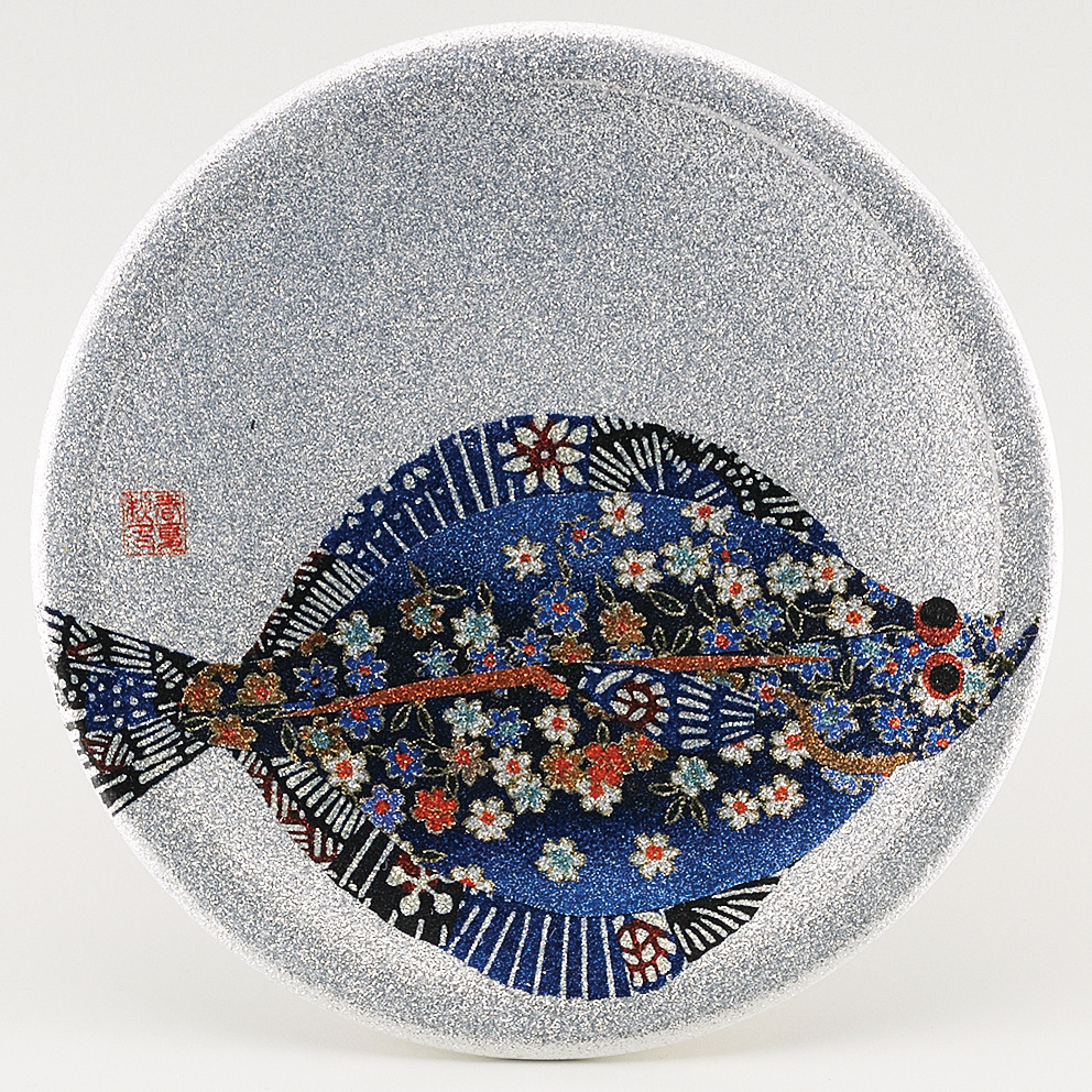 回転寿司皿 耐熱φ150 シルバーパール千代紙 カレイ