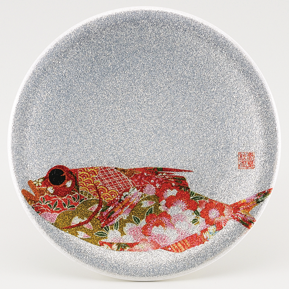 回転寿司皿 耐熱φ150 シルバーパール千代紙 金目鯛