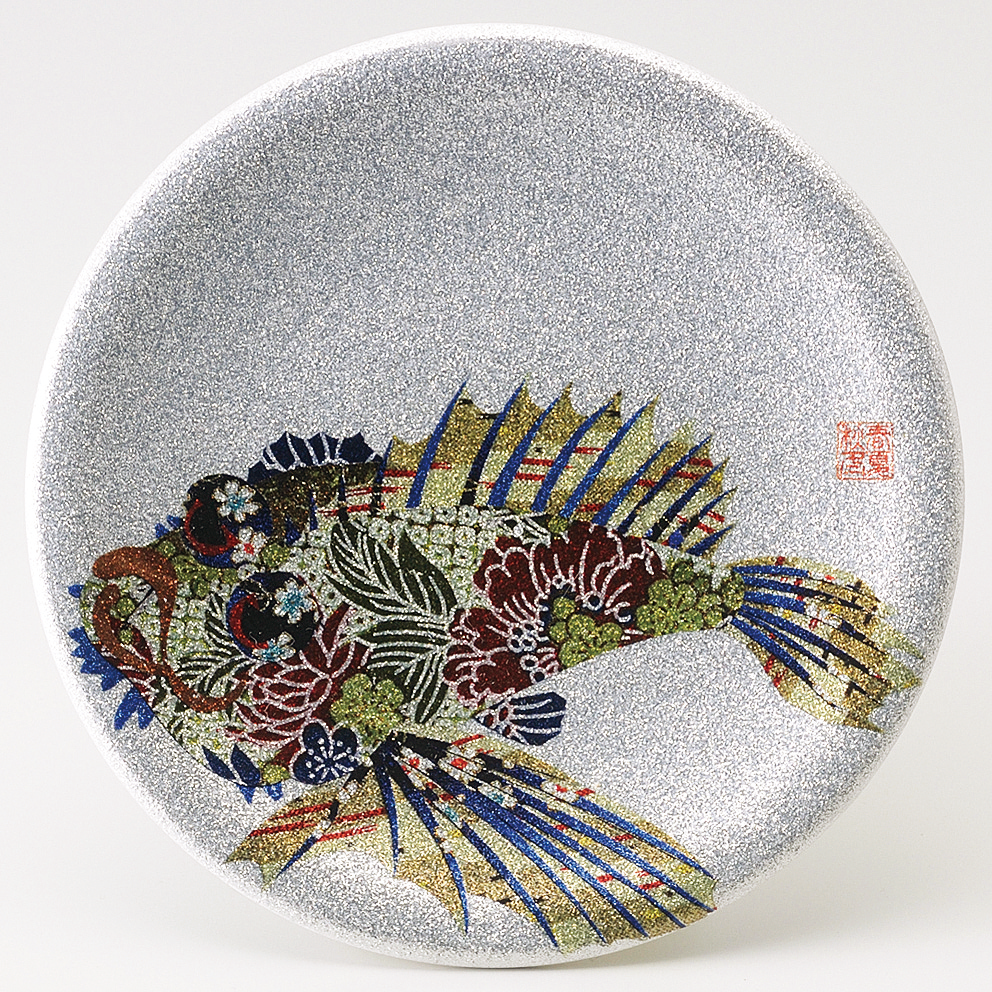 回転寿司皿 耐熱φ150 シルバーパール千代紙  オコゼ