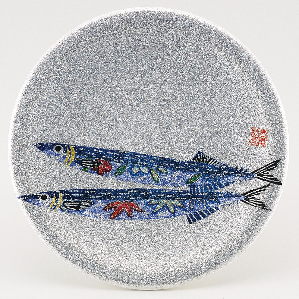 回転寿司皿 耐熱φ150 シルバーパール千代紙 サンマ