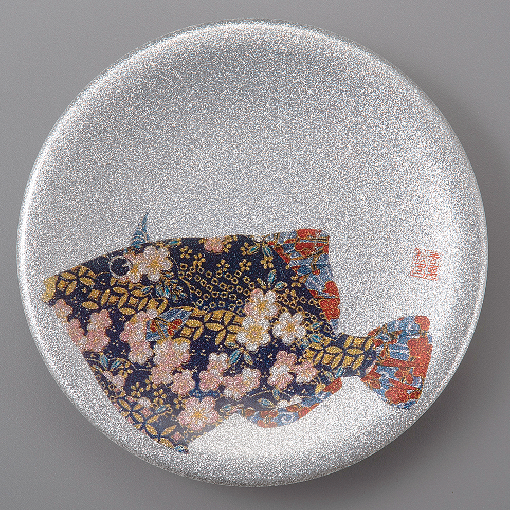 回転寿司皿 耐熱φ150 シルバーパール千代紙  カワハギ