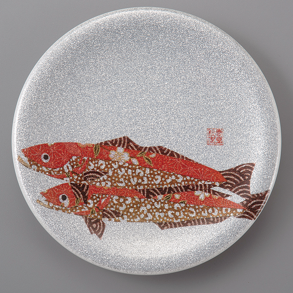 回転寿司皿 耐熱φ150 シルバーパール千代紙 キス