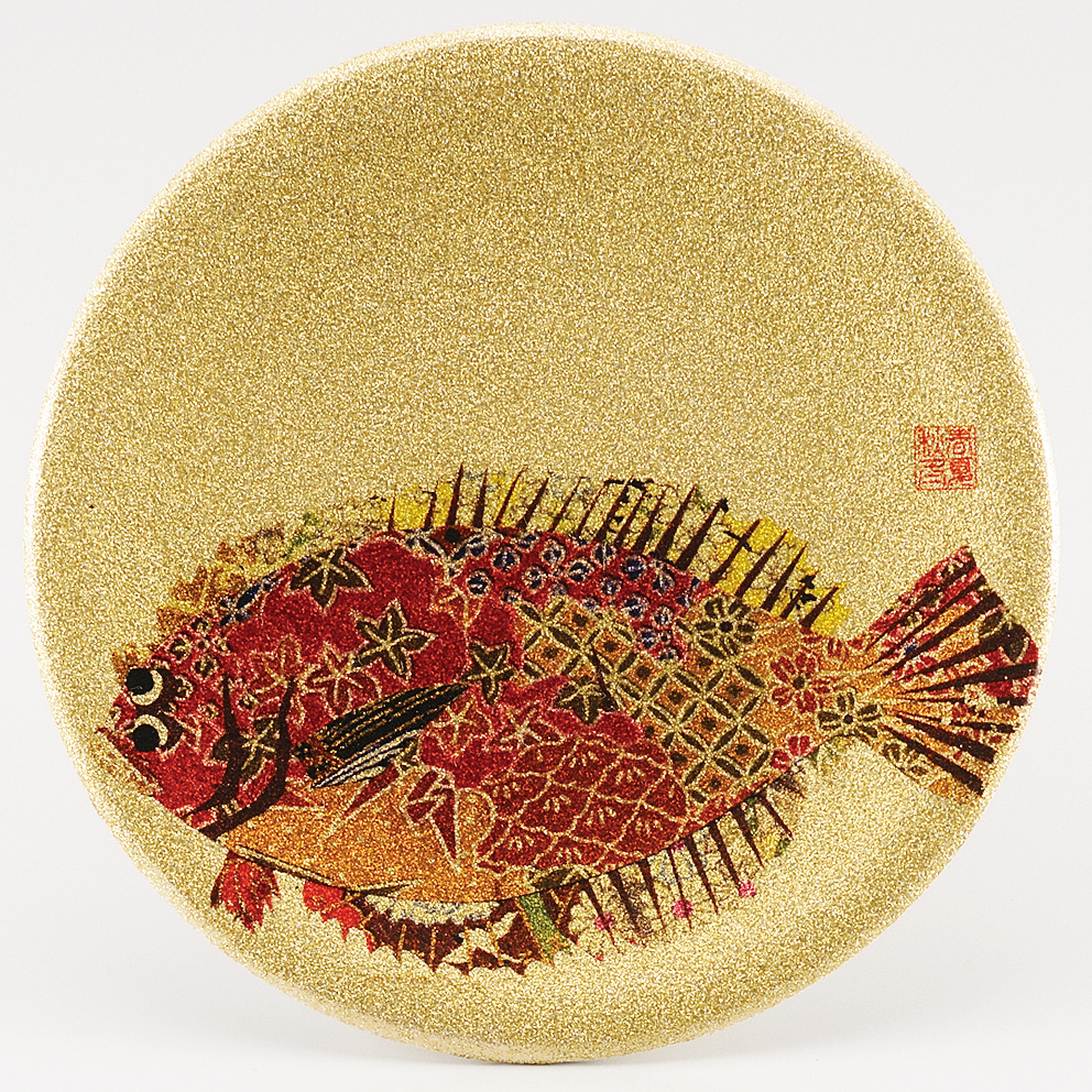 回転寿司皿 耐熱φ150 ゴールドパール千代紙 ヒラメ