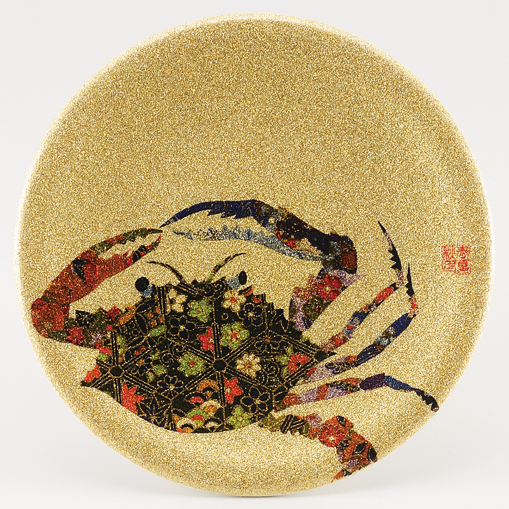 回転寿司皿 耐熱φ150 ゴールドパール千代紙 渡りカニ