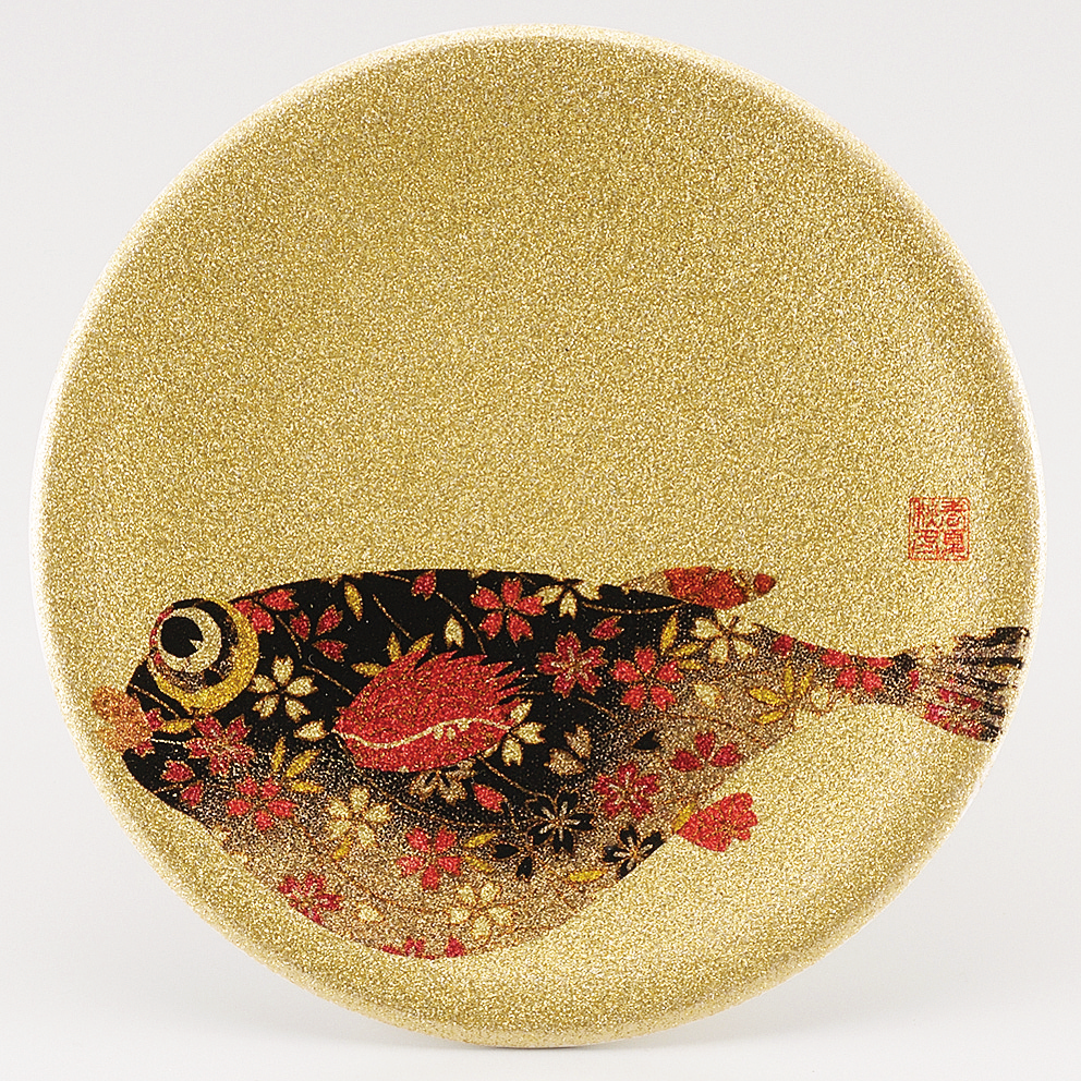 回転寿司皿 耐熱φ150 ゴールドパール千代紙 フグ